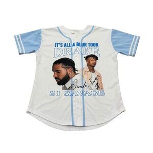 Drake & 21 Savage It’s All A Blur Tour Baseball Jersey White Blue Size L